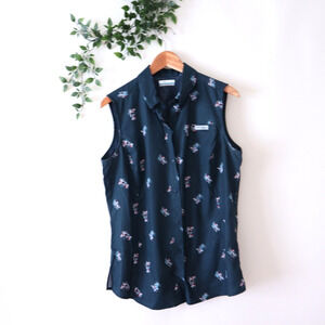 Columbia PFG Womens Blue Floral Print Snap Button Sleeveless Collared Top Size L